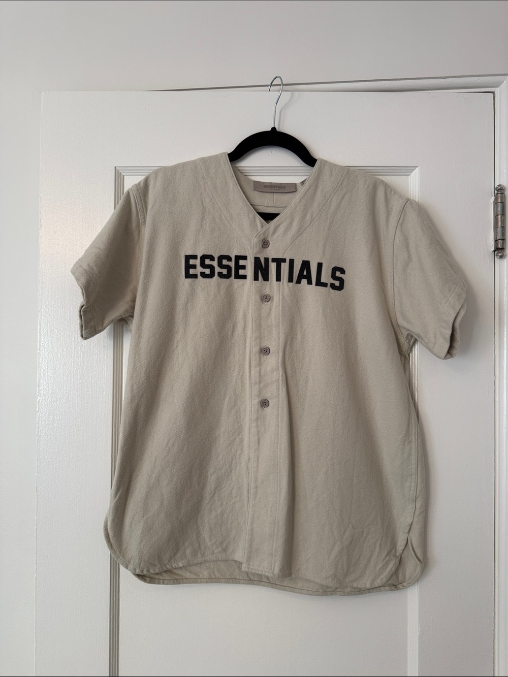 Essentials Beige Short-Sleeve Button-Down with Black Logo
